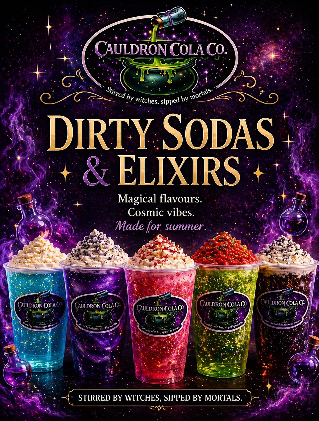 The signature Cauldron Cola lineup — five colorful dirty sodas