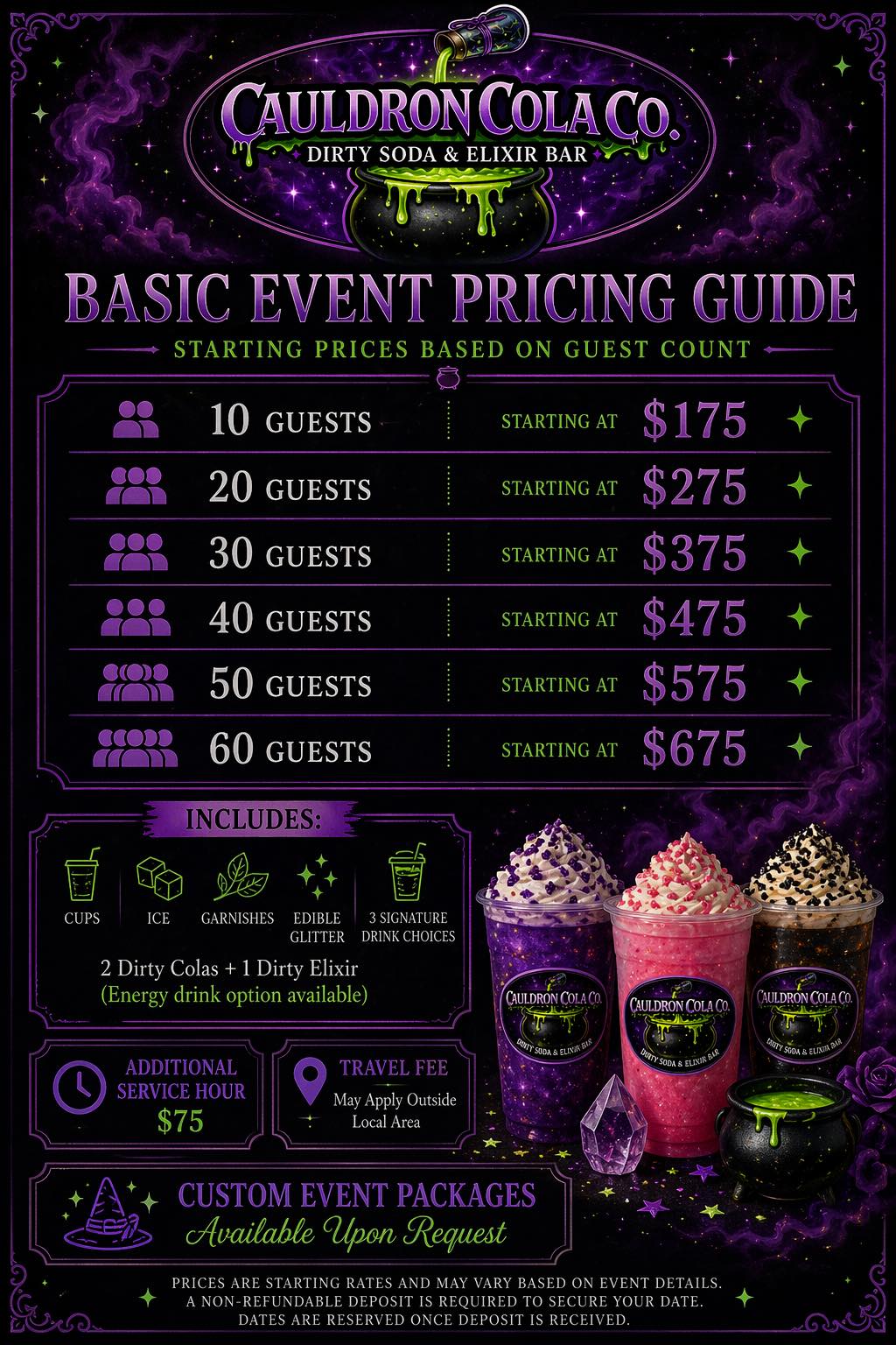 Cauldron Cola event drinks — three signature dirty sodas crowned with whipped cream